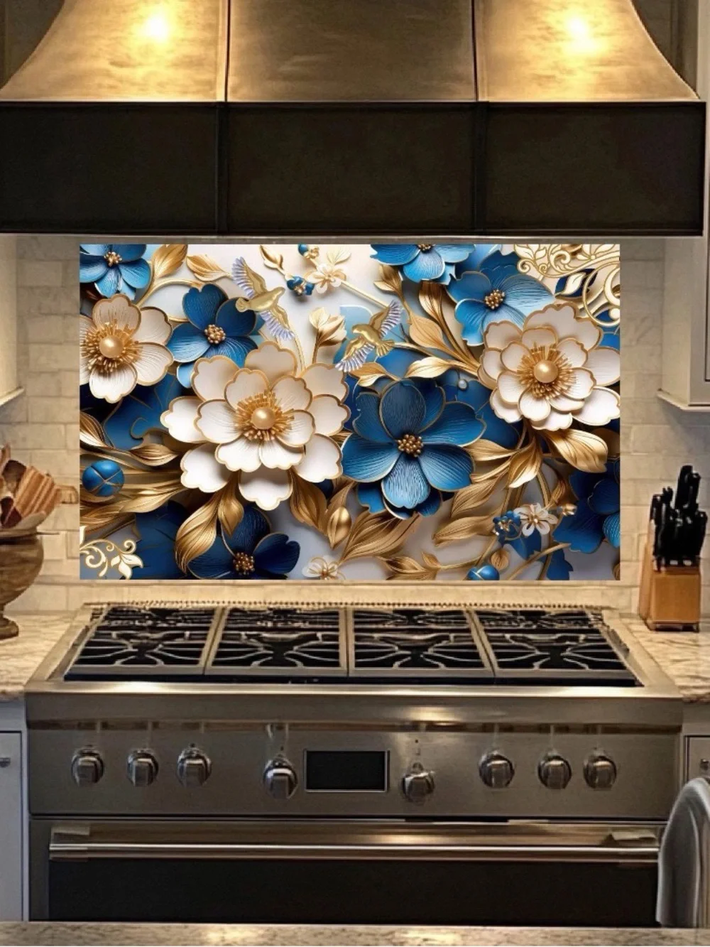 Elegant Blue & Gold Floral Tempered Glass Tile
